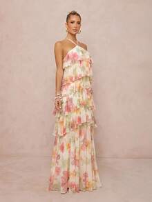 Lumalex Summer Floral Print Strapless Spaghetti Strap Multi-Layer Irregular Exaggerated Ruffle Hem Beach-To-Gala Versatility: Quiet Luxury Meets Party Flair - Multicolor - View 6