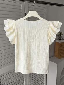 SHEIN Tween Girls'Apricot Textured Woven Round Neck Ruched Ruffle Trim Fitted Casual Top,White,Summer,Elegant,Graduation,Vacation Style,Spring Outing - Apricot - View 2
