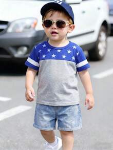 SHEIN 2pcs Kids Boy Independence Day Summer Outfit,Flag And Star Pattern Short Sleeve Round Neck Knit T-Shirt And Denim Shorts Set,Casual Comfortable Loose - Multicolor - View 4