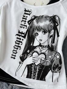 Tween Girls Casual Minimalist Y2K Cartoon Print Ruched Tie Front Cropped Tops - Black and White - View 6