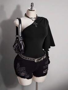 SHEIN ICON 大码女式复古Y2K不对称肩部喇叭袖黑色T恤 - 黑色 - 查看 9