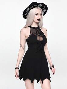 ROMWE Goth 女士哥特式拼接网纱五角星不对称下摆迷你连衣裙 - 黑色 - 查看 6