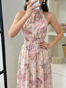 Modelyn Đầm chữ A không tay in họa tiết nhuộm tie-dye kỹ thuật số dành cho nữ, kiểu cổ yếm buộc dây. - Nhiều màu - Xem 8