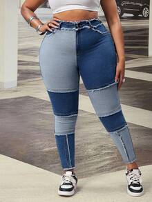 Slaydiva Jeans longs skinny bleu style cowgirl avec patchwork élastique pour femmes grandes tailles, été - Jean bleu - View 4