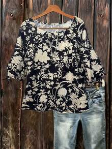 Linhara Plus Size Women Casual Orchid Print Short Sleeve Bow Tie Blouse - Multicolor - View 1