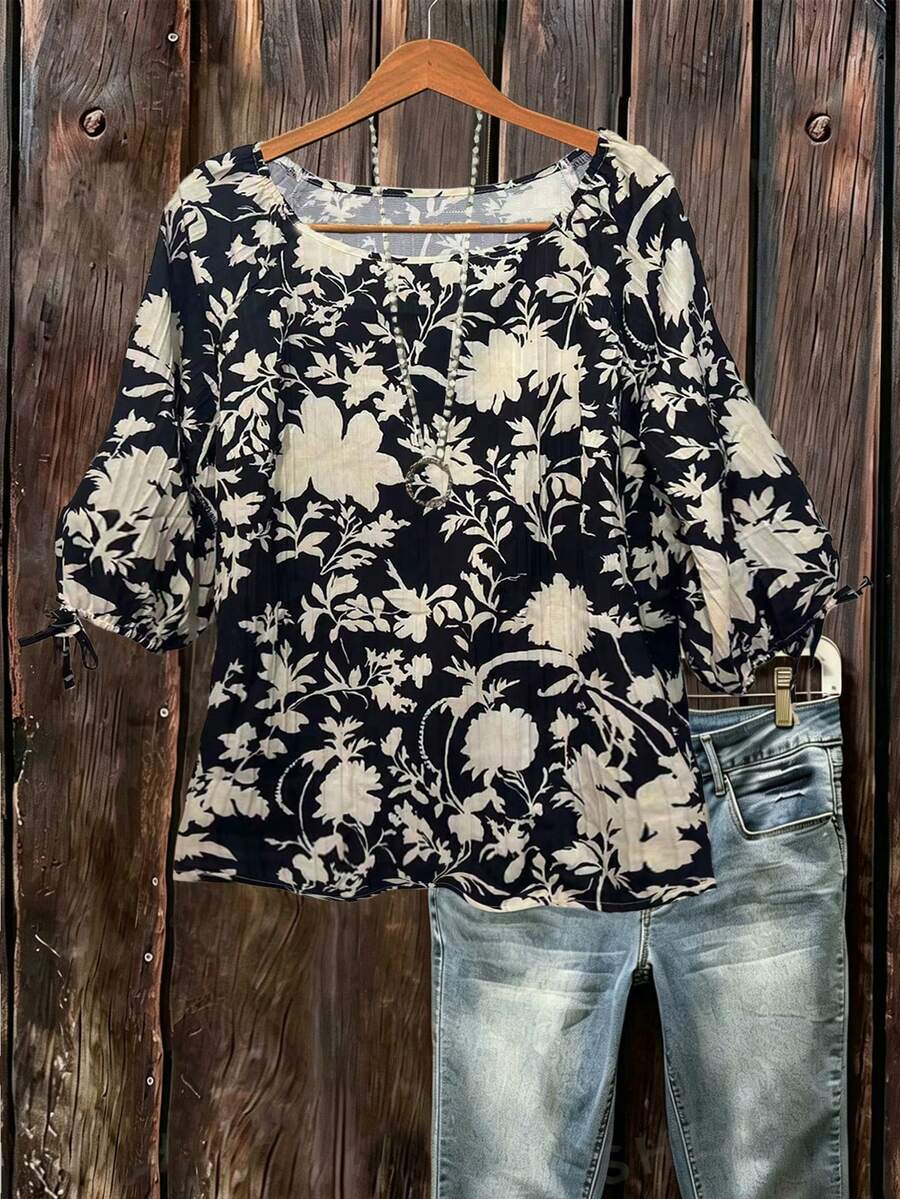 Linhara Plus Size Women Casual Orchid Print Short Sleeve Bow Tie Blouse - Multicolor - View 1