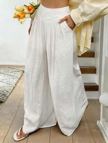 Easowa Women White Summer Linen Pants,Chic Classy Vacation Holiday Flowy Wide Leg Work Pants,Elastic Waist Loose Pocket Casual Business Old Money Style - White - View 1