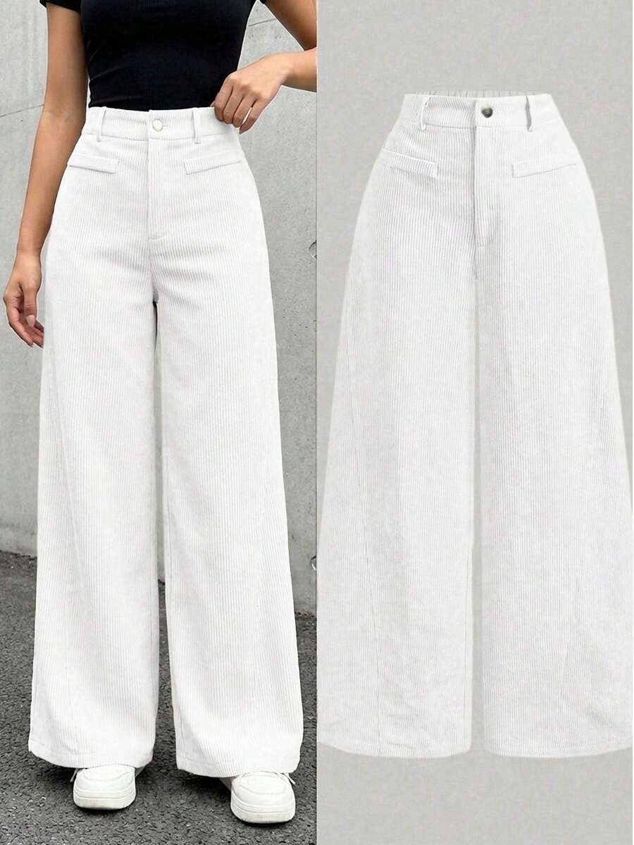 SHEIN Tween Girl/Tween Girls' Solid Color Retro Minimalist Corduroy Ribbed Pants, White Wide Leg Trousers, Autumn/Winter - White - View 1