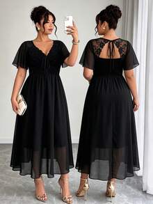 Elenzga Plus Size Shirred Lace Patchwork Backless Chiffon Dress Summer Spring Wedding Guest Party - Black - View 1