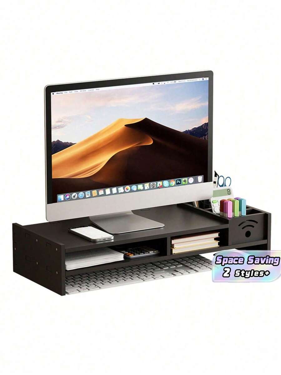 1PC Desktop Monitor Riser With Storage Grid Neck Protection Multi Compartment Partition Board Simple Office Style White Black Long Strip Shape With Three Pen Slots Lower Storage Space Sturdy Support Desktop Organizer For Home Office Daily Workplace Desk Organization - Multicolor - View 1