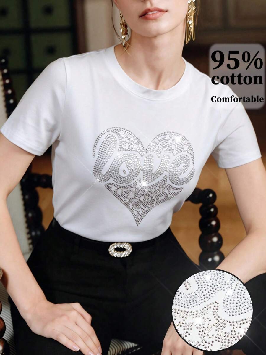 Anewsta Summer Casual Rhinestone Heart Graphic Round Neck Short Sleeve T-Shirt - White - View 1