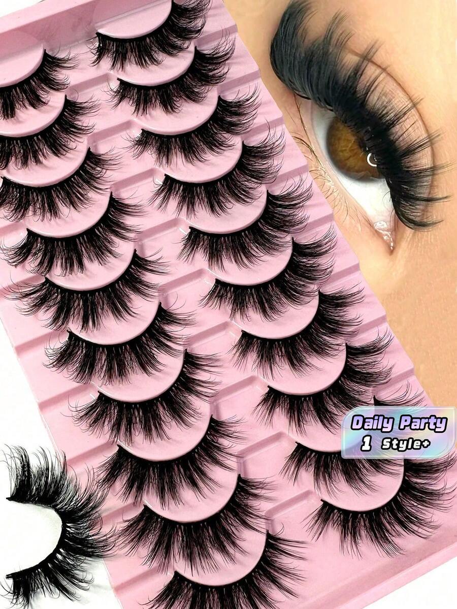 10 Pair Fluffy Faux Mink Lashes Wispy Volume Curly Cat Eye Natural Style For Women Daily Party Wear Must Have Accessory - Black - View 1