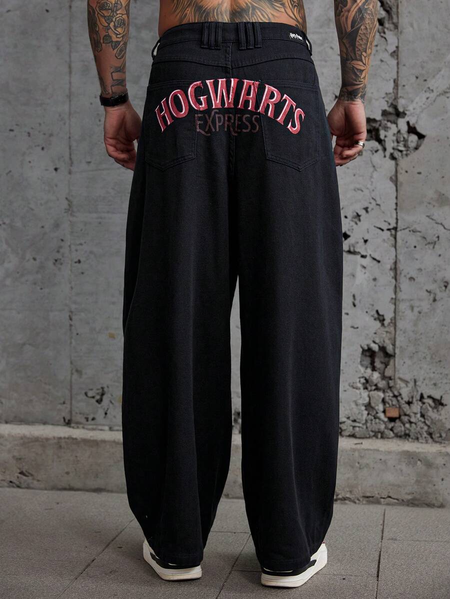 DAZY Jeans holgados para hombre con estampado de letras largas en negro - Negro - Ver 1