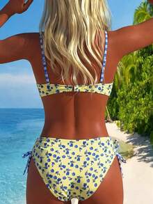 Swim Vcay Women's Summer Beach Blue Floral & Plaid Pattern Underwire Ruffled Bandeau Bikini Top Paired With High Waist Side Drawstring Bottoms Bikini Set Set - Multicolor - View 3