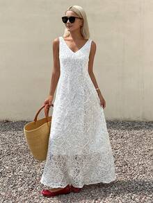 DAZY Women's V-Neck Sleeveless Embroidered Vacation Dress Sun Dresses For Women Summer Golf White Sexy - Ivory White - View 3