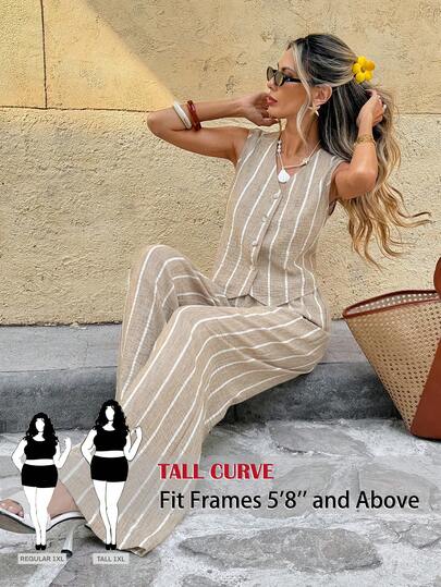SHEIN Tall CURVE Plus Size Retro Casual Striped Sleeveless Top And Wide Leg Pants 2 Piece Set, Women Summer Outfit. Women Casual Striped Button Vest And Pants 2 Piece Set, Summer, Spring, Valentine's Day, Carnival, Beach, Party, Wedding, Elegant, Vacation, Sleeveless Casual Top And Pants Set, Casual Summer Set., Suitable For Summer, Daily Commute, Dating, Party, Christmas, New Year, Thanksgiving, Party, Wedding, Beach, Graduation Ceremony, Fashion, Elegant, Casual, Outing, Dating, Reservation, Commuting, Shiny, Valentine's Day, Elegant, Vacation, Casual, Y2K, Outing, Graduation Ceremony And Other Occasions.