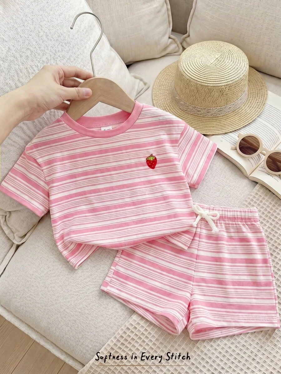 Cozy Pixies 女婴草莓条纹针织柔软圆领短袖上衣和松紧腰短裤两件套 - 粉色 - 查看 1