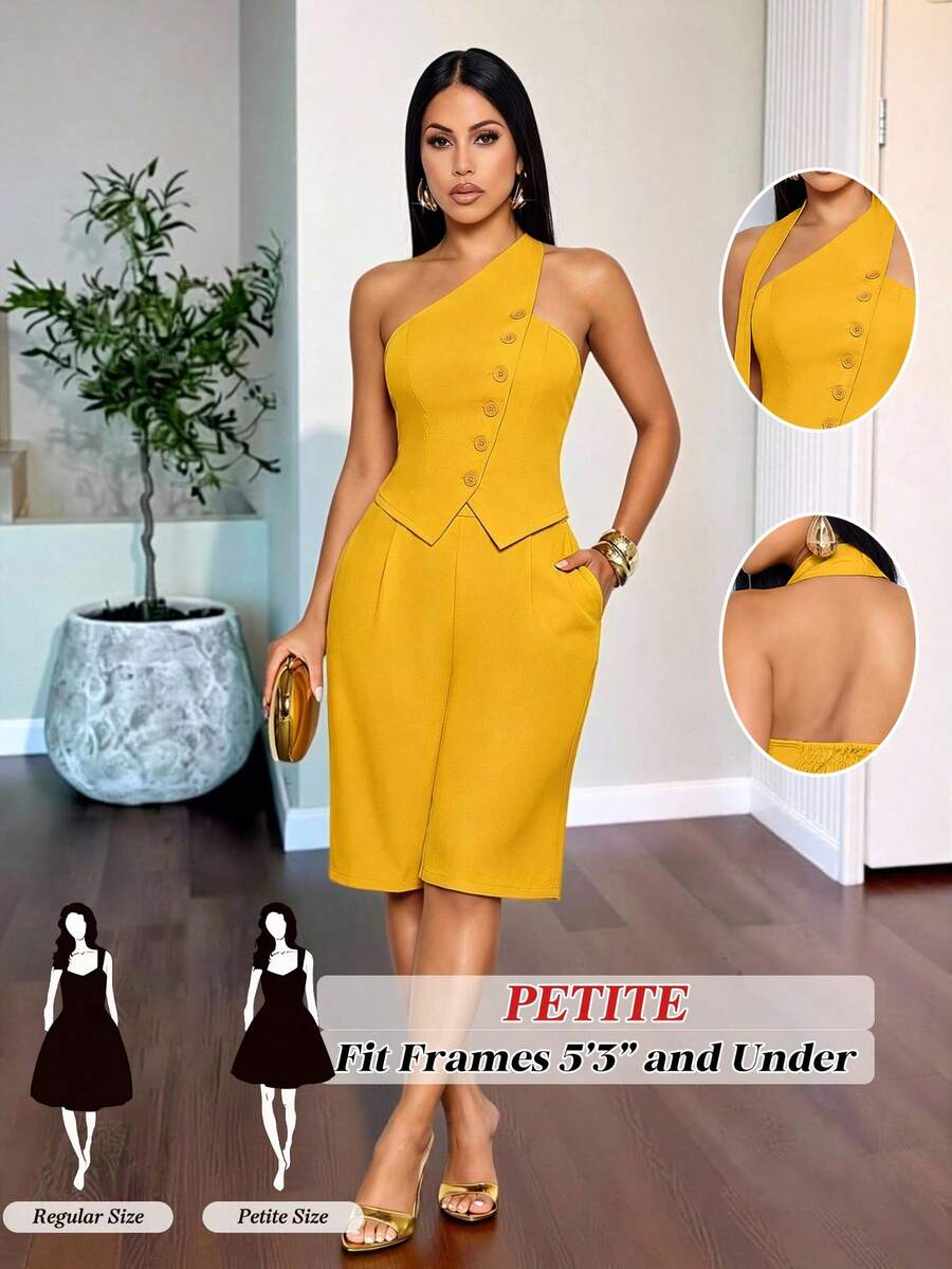 SHEIN PETITE Mustard Yellow,Summer,Elegant,Party Women's 2pcs Set Asymmetrical Neckline Sleeveless Halter Top & Zip-Up Capri Pants For Casual Commuting Vacation ,Petite Women - Yellow - View 1