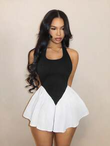 SHEIN BamGlam Black And White Colorblock High Waisted Backless A-Line Short Dress,Women's Summer Seksi Chic Club Night Streetwear,Casual Comfortable Stretchy Slim - Black and White - View 4
