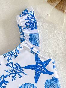 SHEIN Holiday Baby Girls One-Piece Swimsuit,Vintage Cute Colorful Shell Starfish Pattern Camisole Swimwear,Tropical Beach Vacation Photo Shoot Matching - Blue - View 5
