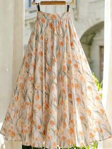 Falda acampanada de talle alto con estampado floral diminuto de tulipanes naranjas suaves, favorecedora y estilizante para el verano - Multicolor - Ver 6
