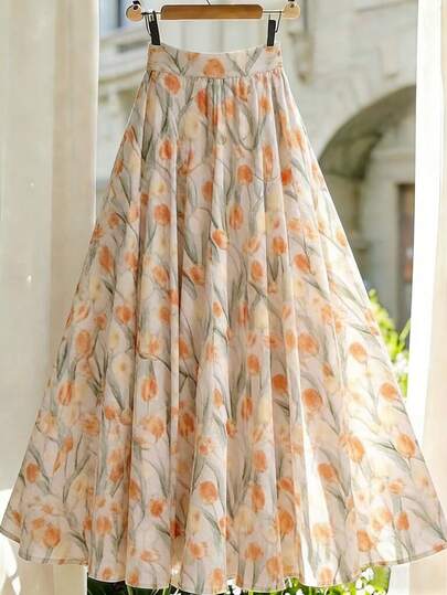 SHEIN Franclia Gentle Orange Tulip Ditsy Floral High Waist A-Line Skirt, Flattering & Slimming For Summer