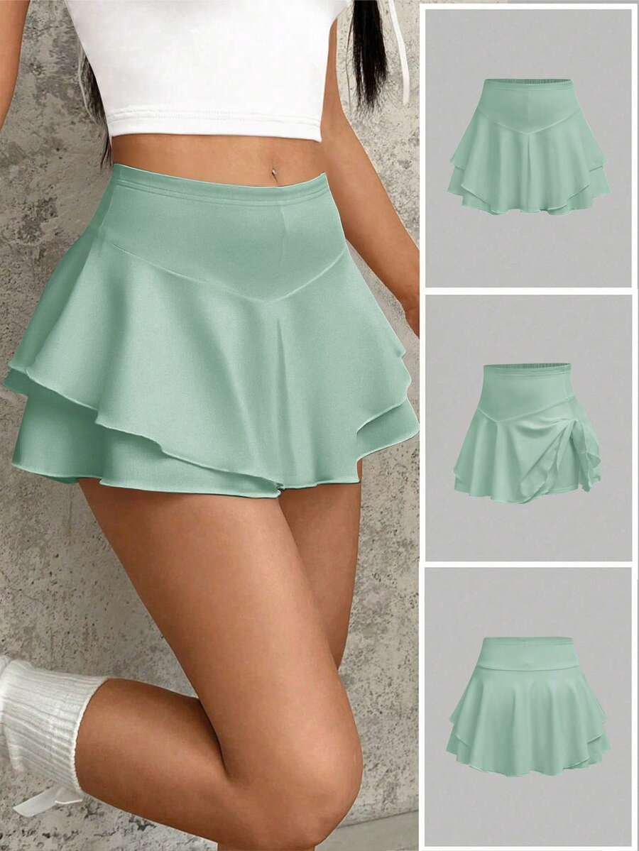 Tween Girls' Solid Color Pleated Casual Versatile Daily & Sports Skorts - Green - View 1