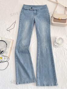 Elamini Low-Waist Fashionable Washed Waist Buckle Flare Jeans - Light Wash - View 5