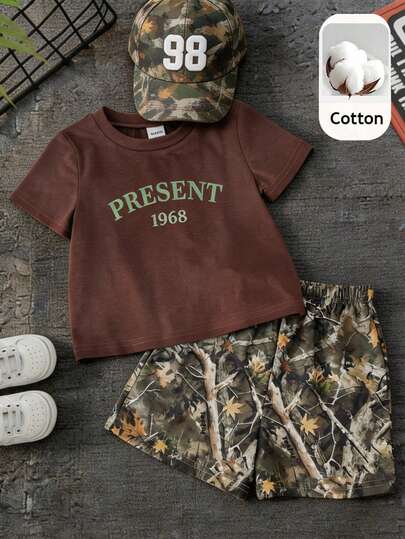 SHEIN Bộ 2 món thời trang thường ngày cho bé trai/bé gái, áo thun ngắn tay và quần short rằn ri, trang phục bé trai, quần áo mùa hè cho bé trai, phong cách đường phố.