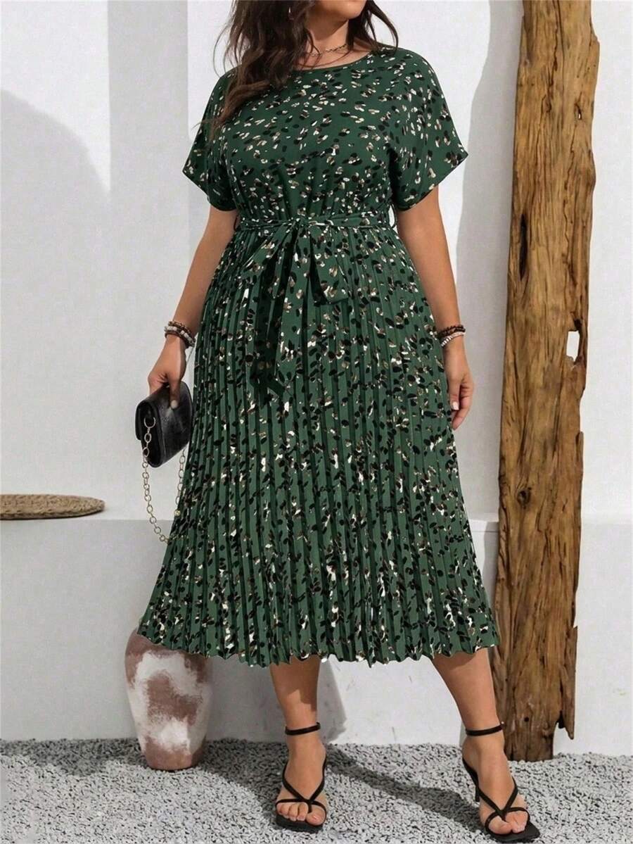 Vionelle Đầm maxi dáng rộng mùa hè, in họa tiết toàn thân, tay cánh dơi, xếp ly, dành cho nữ. - Màu xanh lá cây đậm - Xem 1