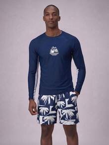 CoralVoy Set de 2 piezas de traje de baño de hombre con estampado de árbol de coco, de manga larga y shorts, estilo hawaiano - Multicolor - Ver 1