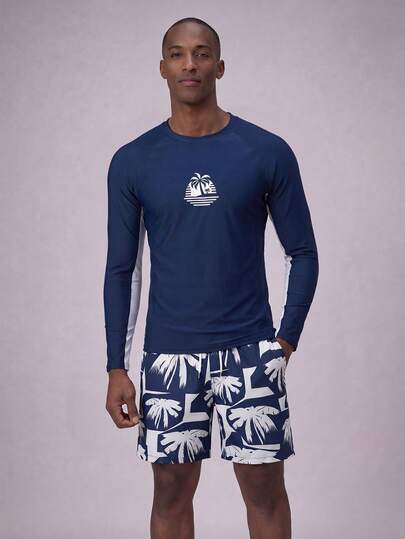 CoralVoy 2件套男士椰子树印花长袖短裤泳装套装，夏威夷风情