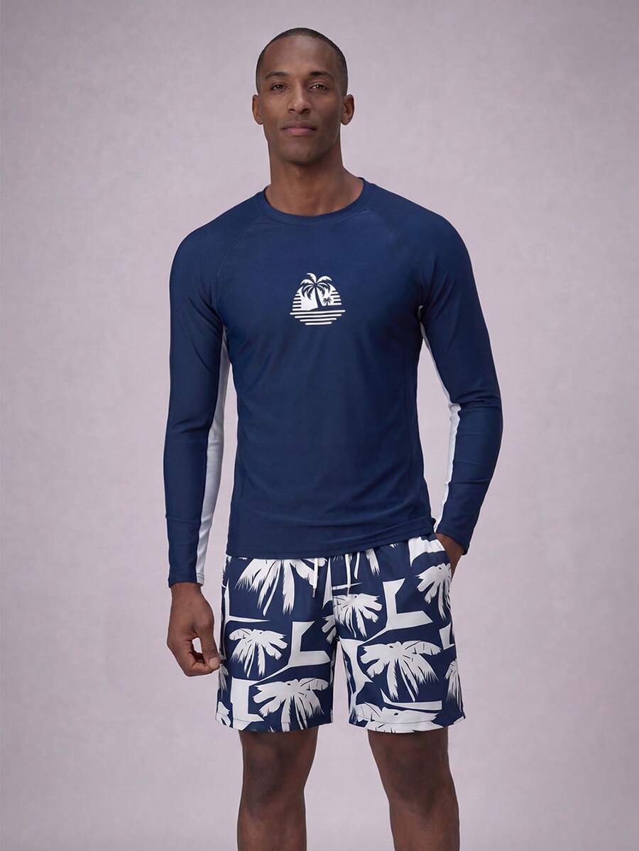 CoralVoy Set de 2 piezas de traje de baño de hombre con estampado de árbol de coco, de manga larga y shorts, estilo hawaiano - Multicolor - Ver 1