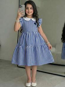 Tween Girl/Tween Girls' Elegant Patchwork Color Block Peter Pan Collar Sleeveless Dress - Blue - View 3