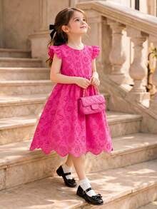 Elladie kids 一件式女童甜美度假连衣裙，玫红色心形镂空短袖圆领束腰大蝴蝶结装饰公主风短裙，可爱花朵镂空设计，A字廓形，及膝长度，适合日常穿着、购物、海滩、度假等场合。 - 玫紅色 - 查看 3
