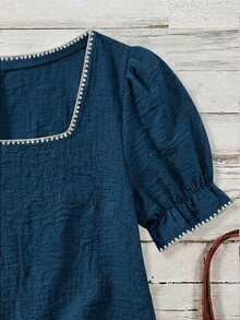SHEIN VCAY Áo sơ mi nữ cỡ lớn cổ vuông tay ngắn kiểu cánh hoa dáng thường ngày - Màu xanh lam - Xem 4