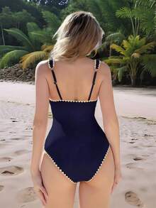Swim Mod Women's Beach Outfit, Simple & Elegant Solid Color Ribbed Fitted One-Piece Swimsuit For Summer - Navy Blue - View 2