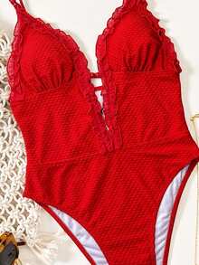 Bonvoyette Bộ bikini một mảnh mùa xuân/hè, chất liệu jacquard màu trơn, cổ chữ V sâu, dây đeo mảnh, đính hạt tròn, viền bèo nhún, lót lưới, kiểu dáng thường ngày dễ thương dành cho nữ. - Đỏ - Xem 3