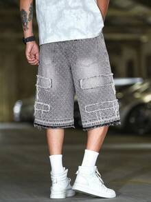 Quần short denim ống rộng đan móc dành cho nam - Màu Xám nhạt - Xem 2