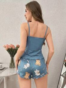 SHEIN Cute Cat Print Frill Trim Camisole & Shorts Pajama Set - Multicolor - View 2
