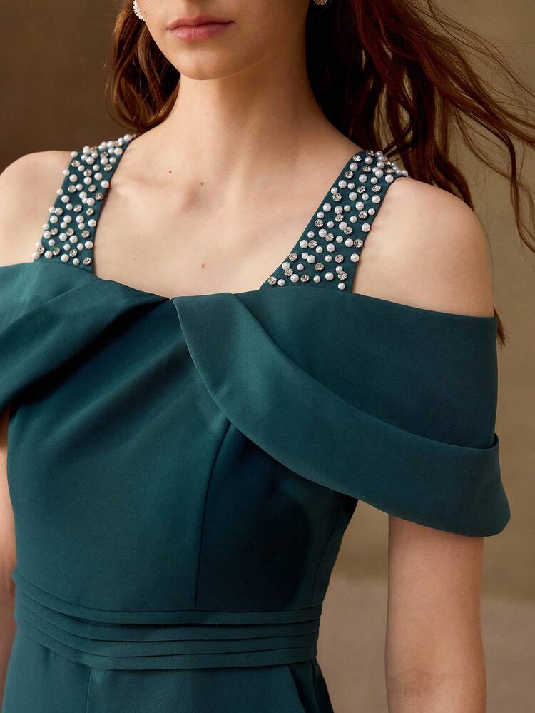 FASHIONABLE RHINESTONE & FAUX PEARL DECOR COLD SHOULDER FLARE JUMPSUIT