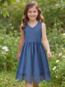 SHEIN 1pc Girls Casual Cute Woven V-Neck Backless Bow Decor Patchwork Laser Cut Hem Fitted Sleeveless Dress, Elegant For Daily Wear And Gatherings - Blue - View 5