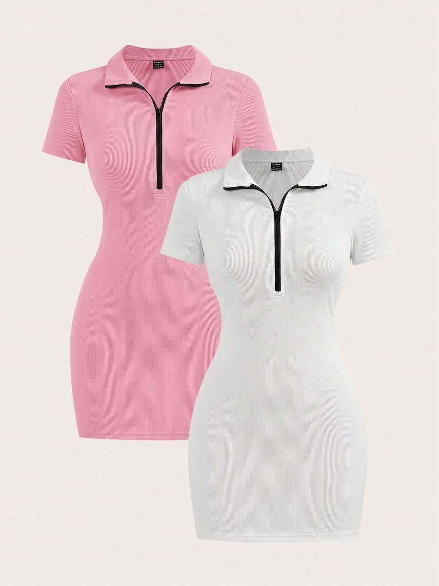 SHEIN BASICS Bộ 2 chiếc đầm ngắn dệt kim cổ bẻ màu trơn dáng casual có khóa kéo nửa thân dành cho nữ. - Nhiều màu - Xem 1