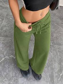 SHEIN PETITE Comfortable And Casual Plain Knitted Low-Rise Wide-Leg Women's Sweatpants - Army Green - View 7