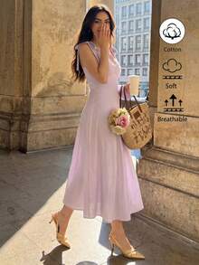 Elenzga Đầm chữ A thanh lịch, lãng mạn, không tay, dây buộc vai, thắt nơ ở eo dành cho nữ - Nhiều màu - Xem 5