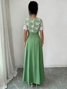 SHEIN Elenzya Đầm nữ tay ngắn phối ren, dáng ôm, xẻ tà, kiểu dáng thường ngày. - màu xanh lá - Xem 2