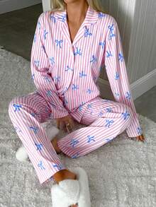 EURMUSE Conjunto de pijama para mujer de 2 piezas con botones delanteros y estampado de rayas y patrón en la Bottom - Multicolor - Ver 3
