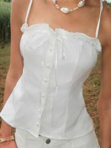 Sydney Algeri 女士白色夏季蕾丝边吊带背心，优雅蝴蝶结前扣吊带背心，紧身吊带背心 - 白色 - 查看 4