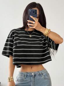 SHEIN EZwear 条纹短款休闲短袖T恤 - 黑色 - 查看 5