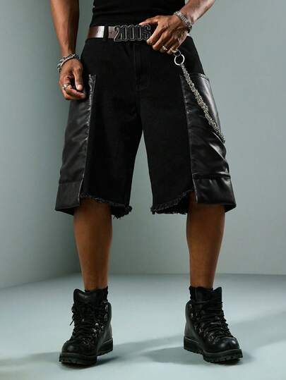 ROMWE MEN Street Life Pantalones cortos de mezclilla con parches de bolsillo de PU para hombres